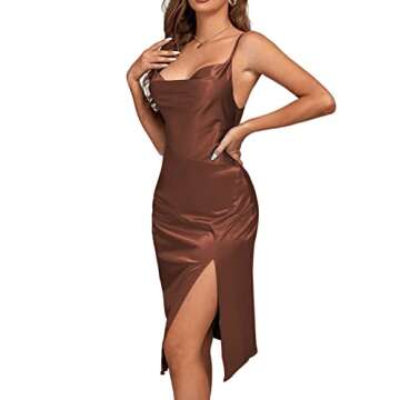 LYANER Women's Satin Drape Cowl Neck Sleeveless Strappy Cami Split Slit Cocktail Party Midi Dress Brown Medium