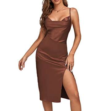 LYANER Women's Satin Drape Cowl Neck Sleeveless Strappy Cami Split Slit Cocktail Party Midi Dress Brown Medium