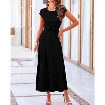 BTFBM Women Two Piece Skirt Set Casual Ribbed Knit Crew Neck Short Sleeve Cropped Top Elastic Waist Swing Midi Skirts(Solid Black, Small)