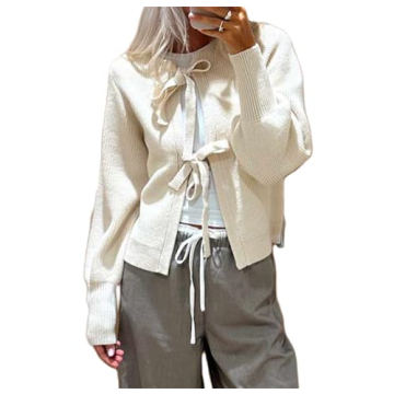 Women Y2k Tie Front Knitted Cardigan Sweater Top Long Sleeve Crewneck Open Front Casual Cropped Card...