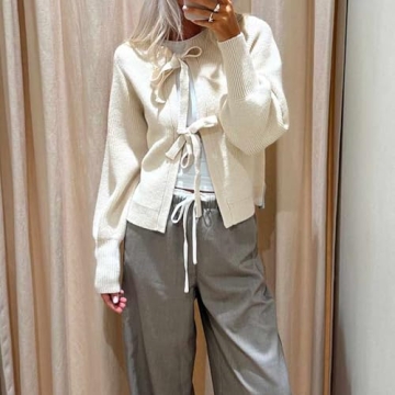 Women Y2k Tie Front Knitted Cardigan Sweater Top Long Sleeve Crewneck Open Front Casual Cropped Cardigan Shirt (Apricot #A, XL)