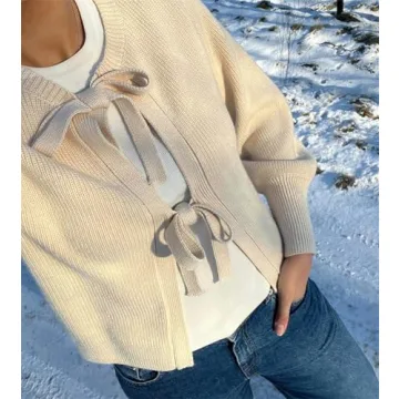 Women Y2k Tie Front Knitted Cardigan Sweater Top Long Sleeve Crewneck Open Front Casual Cropped Cardigan Shirt (Apricot #A, XL)