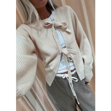 Women Y2k Tie Front Knitted Cardigan Sweater Top Long Sleeve Crewneck Open Front Casual Cropped Cardigan Shirt (Apricot #A, XL)