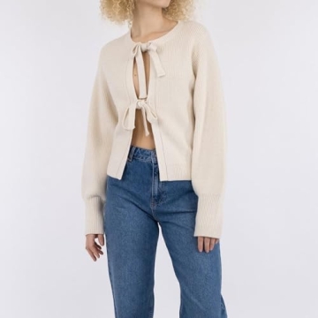 Women Y2k Tie Front Knitted Cardigan Sweater Top Long Sleeve Crewneck Open Front Casual Cropped Cardigan Shirt (Apricot #A, XL)