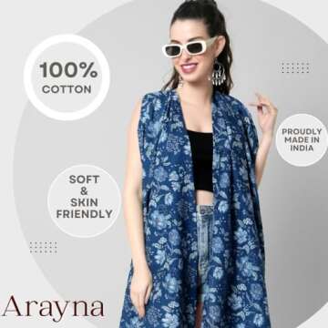 Arayna Women's Premium Long Sarong Swimwear Beach Wrap Cover Up - Pure Cotton, Printed Swimsuit Bikini Pareo Dress - Indigo Blue Tranquility