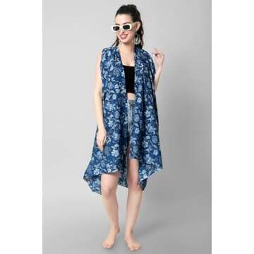 Arayna Women's Premium Long Sarong Swimwear Beach Wrap Cover Up - Pure Cotton, Printed Swimsuit Bikini Pareo Dress - Indigo Blue Tranquility