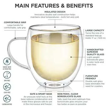 Teabloom Oversized Insulated Borosilicate Glass Mugs (17 oz / 500 ml) – Set Includes 2 Mugs + 2 Blooming Teas – Premium Quality Microwave Safe Glasses