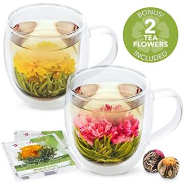 Teabloom Oversized Insulated Borosilicate Glass Mugs (17 oz / 500 ml) – Set Includes 2 Mugs + 2 Blooming Teas – Premium Quality Microwave Safe Glasses
