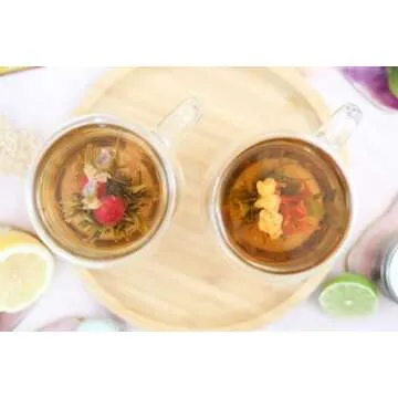 Teabloom Oversized Insulated Borosilicate Glass Mugs (17 oz / 500 ml) – Set Includes 2 Mugs + 2 Blooming Teas – Premium Quality Microwave Safe Glasses