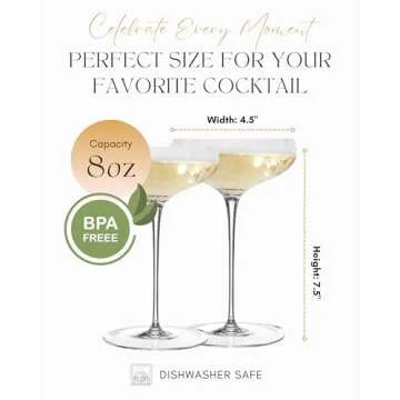 Sister.ly Drinkware Opulent Rounded Cocktail Coupe Glasses, 8 oz Capacity, Set of 4, Great for Cocktails, Gin & Tonic, Cosmopolitan, Manhattan, Bar, Fancy Mixology, Mocktails