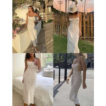 Omoone Womens Floral Dress Low-Cut Square Neck Spaghetti Strap Tie Bodycorn 90s Y2k Sun Dresses(2226-01WhiteStrawberry-S)