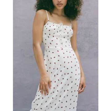 Omoone Womens Floral Dress Low-Cut Square Neck Spaghetti Strap Tie Bodycorn 90s Y2k Sun Dresses(2226-01WhiteStrawberry-S)