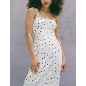 Omoone Womens Floral Dress Low-Cut Square Neck Spaghetti Strap Tie Bodycorn 90s Y2k Sun Dresses(2226-01WhiteStrawberry-S)