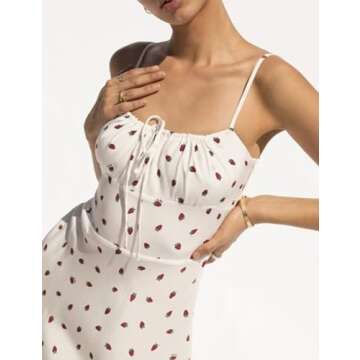 Omoone Womens Floral Dress Low-Cut Square Neck Spaghetti Strap Tie Bodycorn 90s Y2k Sun Dresses(2226-01WhiteStrawberry-S)