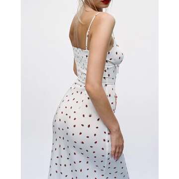 Omoone Womens Floral Dress Low-Cut Square Neck Spaghetti Strap Tie Bodycorn 90s Y2k Sun Dresses(2226-01WhiteStrawberry-S)
