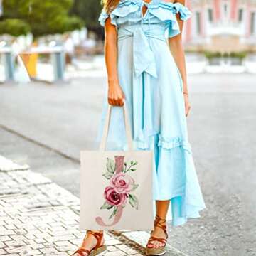 BeeGreen Floral Personalized Tote Bag w 2 Pockets Monogram Gift Bag for Bridesmaid Wedding Bachelorette Party Initial Canvas Tote Bag for Women Reusable Grocery Shopping Bag Letter J