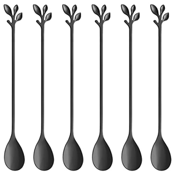 AnSaw 6-Piece Elegant Black Leaf Long Handle Teaspoons - 7.4" Stainless Steel Stir Spoons for Coffee...