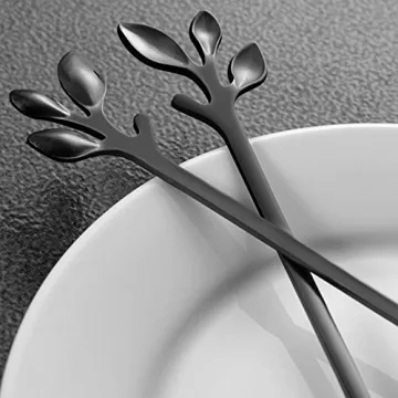 AnSaw 6-Piece Elegant Black Leaf Long Handle Teaspoons