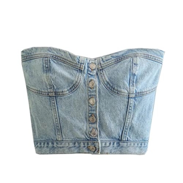 Sunloudy Women Denim Push Up Bustier Tube Top Strapless Button Up Corset Off Shoulder Crop Top Streetwear(#A Blue a,S)