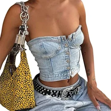 Sunloudy Women Denim Push Up Bustier Tube Top Strapless Button Up Corset Off Shoulder Crop Top Streetwear(#A Blue a,S)