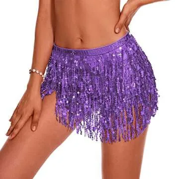 Womens Belly Dance Skirts Sequin Tassel Scarf Skirts Sparkly Festival Outfits Skirts Party Rave Costume for Women 05 Purple One Size