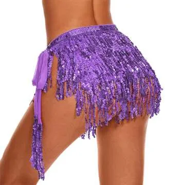 Womens Belly Dance Skirts Sequin Tassel Scarf Skirts Sparkly Festival Outfits Skirts Party Rave Costume for Women 05 Purple One Size