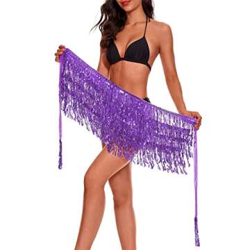 Womens Belly Dance Skirts Sequin Tassel Scarf Skirts Sparkly Festival Outfits Skirts Party Rave Costume for Women 05 Purple One Size