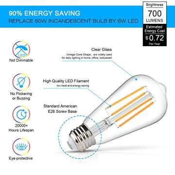 LANGREE Vintage LED Edison Bulb, 6W, Equivalent 60W, Soft White 2700k, Non-Dimmable Led Filament Light Bulb, E26 Base, High CRI 95+ Eye Protection, Clear Glass for Home Kitchen, Pack of 5