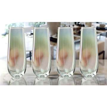 Circleware Radiance White Pearl Luster Stemless Champagne Flutes Glasses Set of 4 Elegant All-Purpose Wine Drinking Glassware Beverage Cups for Water, Juice, Beer, Liquor, Whiskey & Bar Decor, 10.5 oz, 76835