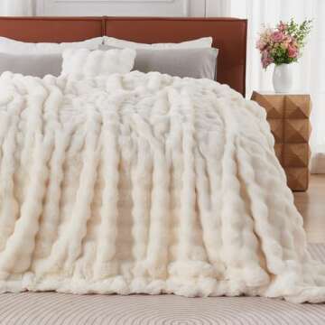 Lotus Karen Queen Size Faux Fur Blanket Cream White - Big Bubble Rabbit Fluff Blanket for Bed, Large Fluffy Fuzzy Cozy Blanket, Thick Furry Plush Shaggy Blankets, 90x90 Inches