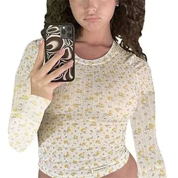 Argeousgor Women Floral Print 2 Piece Shorts Sets Long Sleeve Crop Top High Waist Stretchy Shorts Y2k Suit Set