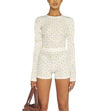 Argeousgor Women Floral Print 2 Piece Shorts Sets Long Sleeve Crop Top High Waist Stretchy Shorts Y2k Suit Set