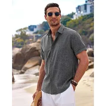 COOFANDY Men's Linen Untucked Button Up Shirt Casual Short Sleeve Slim Fit Summer Shirts Dark Grey