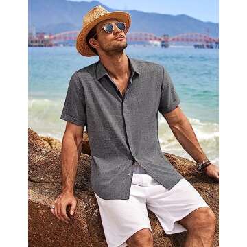 COOFANDY Men's Linen Untucked Button Up Shirt Casual Short Sleeve Slim Fit Summer Shirts Dark Grey