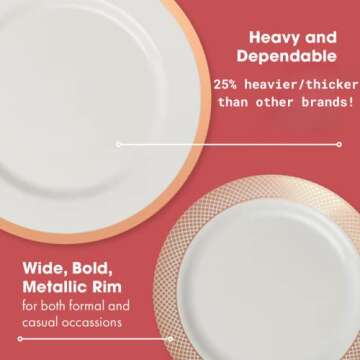 By Madee HEAVYWEIGHT 100 PC White and Rose Gold Plastic Plates for Party for 50 Guests | Mix and Match 50 Dinner Plates & 50 Dessert Plates | Rose Gold Party Plates | High End Disposable Plates