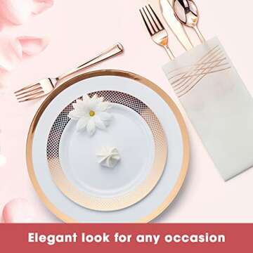 By Madee HEAVYWEIGHT 100 PC White and Rose Gold Plastic Plates for Party for 50 Guests | Mix and Match 50 Dinner Plates & 50 Dessert Plates | Rose Gold Party Plates | High End Disposable Plates