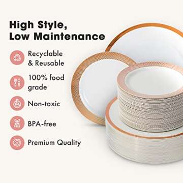 By Madee HEAVYWEIGHT 100 PC White and Rose Gold Plastic Plates for Party for 50 Guests | Mix and Match 50 Dinner Plates & 50 Dessert Plates | Rose Gold Party Plates | High End Disposable Plates