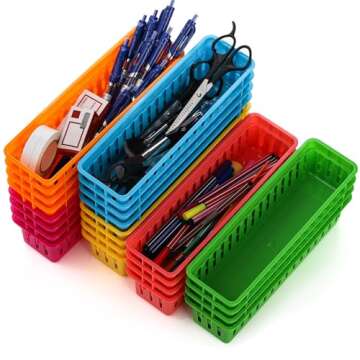 ZEAYEA 24 Pack Classroom Storage Baskets, Classroom Pencil Organizer Basket for Desk, Drawer, Plastic Pen and Pencil Basket Trays, Crayon Basket for Office Home, 9.3" L x 2.2" W x 2.4" H