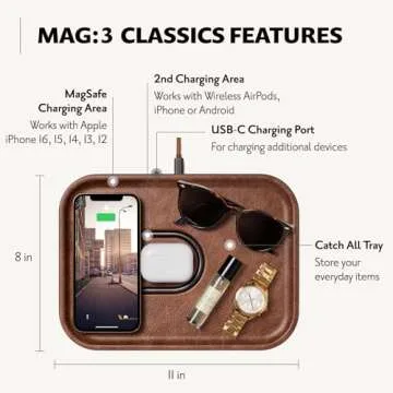 COURANT MAG:3 Classics Charger and Tray - Italian Leather, Multi-Device Charger Compatible with MagSafe iPhones 16, 15, 14, 13, 12 or Wireless AirPod Cases (Saddle)