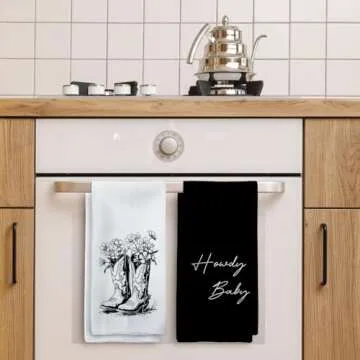 Tzhim Western Kitchen Towels, Preppy Cowboy Hand Towels, Black Cowgirls Boots Floral Rodeo Dishcloths Tea Towels for Kitchen, Vintage Retro Howdy Baby Kitchen Bathroom Decor Set of 2, 16x24in