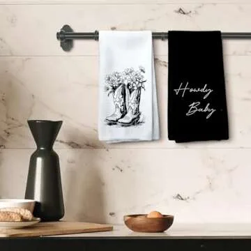 Tzhim Western Kitchen Towels, Preppy Cowboy Hand Towels, Black Cowgirls Boots Floral Rodeo Dishcloths Tea Towels for Kitchen, Vintage Retro Howdy Baby Kitchen Bathroom Decor Set of 2, 16x24in