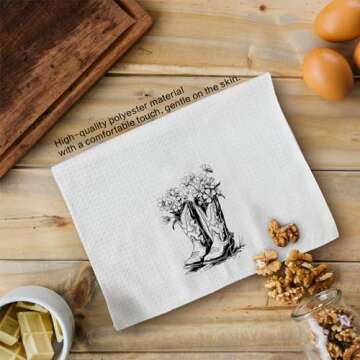 Tzhim Western Kitchen Towels, Preppy Cowboy Hand Towels, Black Cowgirls Boots Floral Rodeo Dishcloths Tea Towels for Kitchen, Vintage Retro Howdy Baby Kitchen Bathroom Decor Set of 2, 16x24in