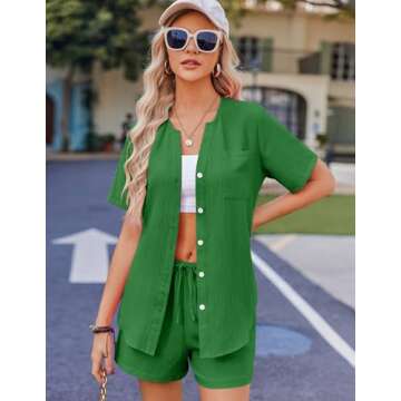 Ekouaer Short Sleeve V Neck Lounge Set 2 Piece Summer Outfits Casual Loungewear Green Small