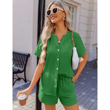 Ekouaer Short Sleeve V Neck Lounge Set 2 Piece Summer Outfits Casual Loungewear Green Small