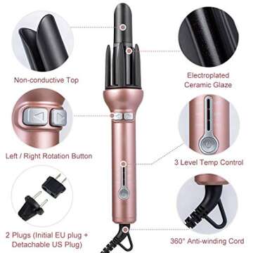 Automatic Hair Curling Iron for Long Hair Auto Curler Ceramic Self Rotating Curling Wand Spinning Spiral Curling Wand Professional 360 Rotating Styling Wand Gifts for Women 1.1 Inch Pink