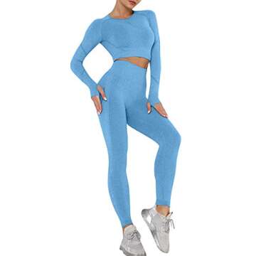 EUYZOU Women Butt Lifting Yoga Legging Long Sleeve Crop Top Tummy Control 2 Piece Workout Outfits Sets Blue S