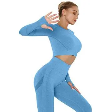EUYZOU Women Butt Lifting Yoga Legging Long Sleeve Crop Top Tummy Control 2 Piece Workout Outfits Sets Blue S