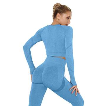 EUYZOU Women Butt Lifting Yoga Legging Long Sleeve Crop Top Tummy Control 2 Piece Workout Outfits Sets Blue S