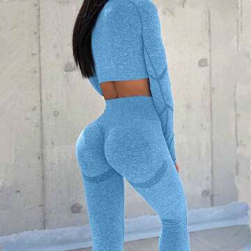 EUYZOU Women Butt Lifting Yoga Legging Long Sleeve Crop Top Tummy Control 2 Piece Workout Outfits Sets Blue S