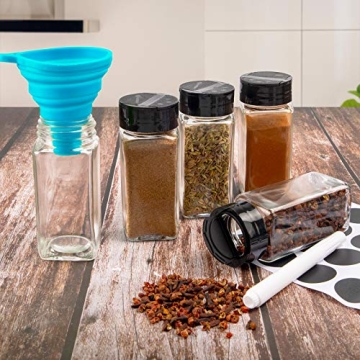 CUCUMI 25 Pcs Spice Jars with Black Lids and Funnel